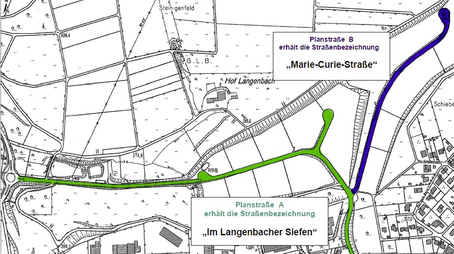 Lageplan der neuen Planstraßen Marie-Curie-Straße und Im Langenbacher Siefen